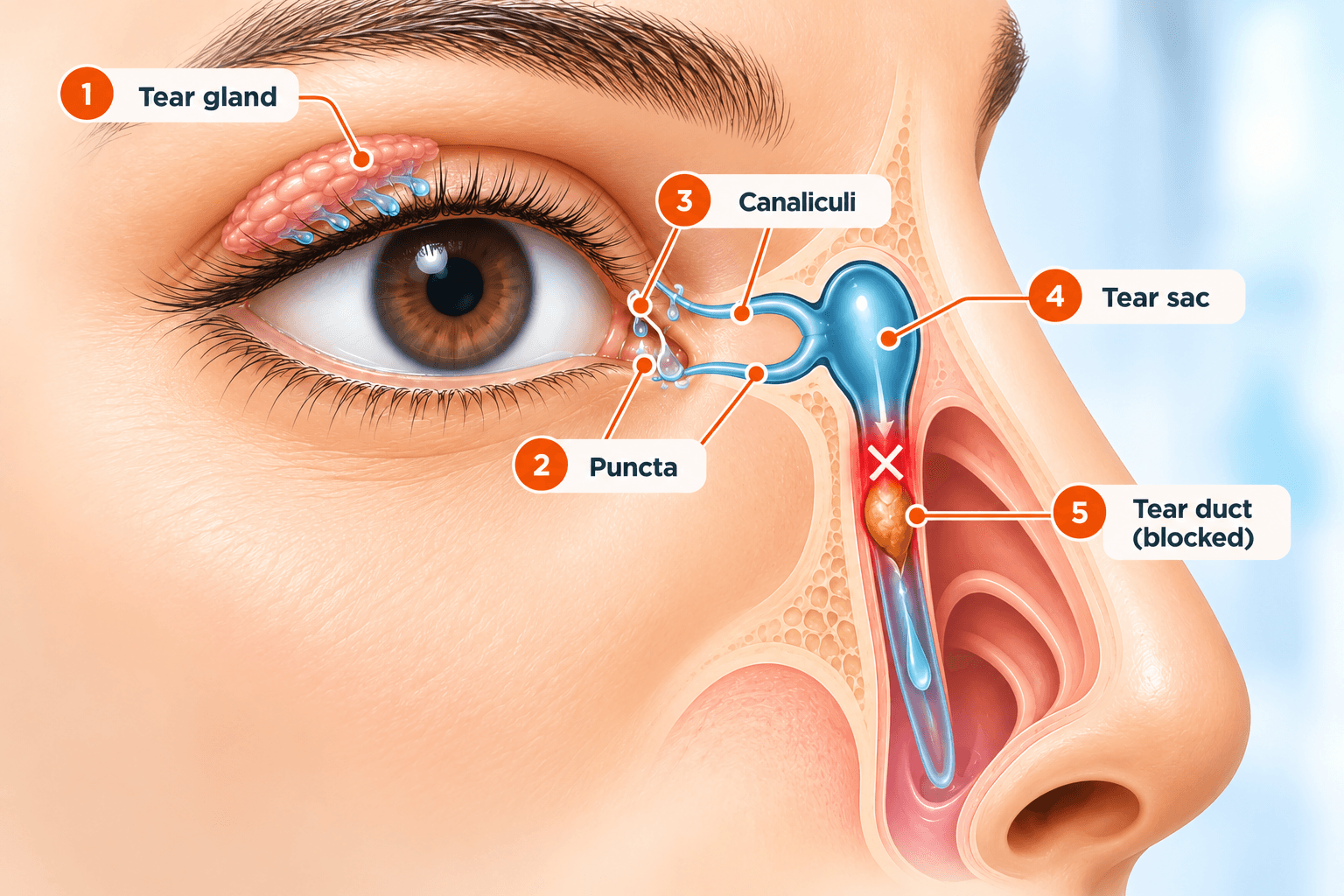 Labelled anatomy diagram showing a blockage in the tear duct and tears collecting above it