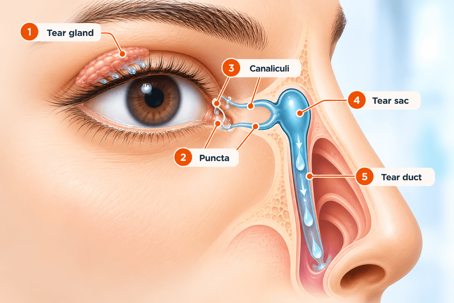 Labelled anatomy diagram showing tears draining through the tear gland, puncta, canaliculi, tear sac and tear duct