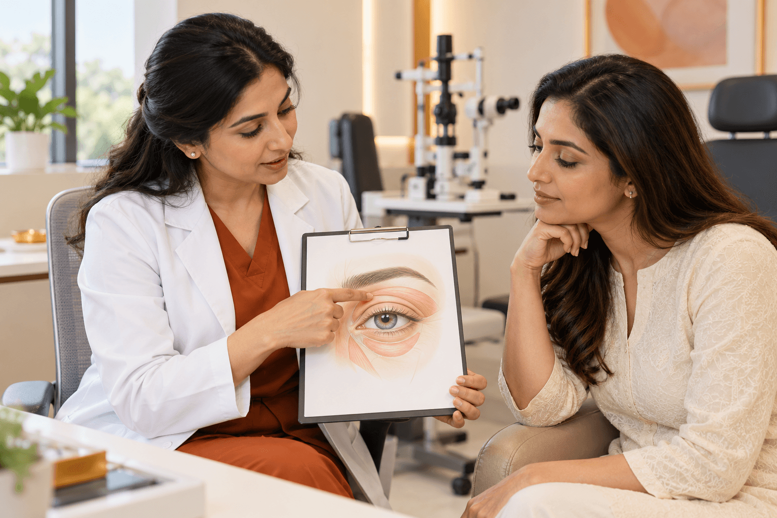 An ophthalmic specialist explaining the eye area to a patient during a consultation